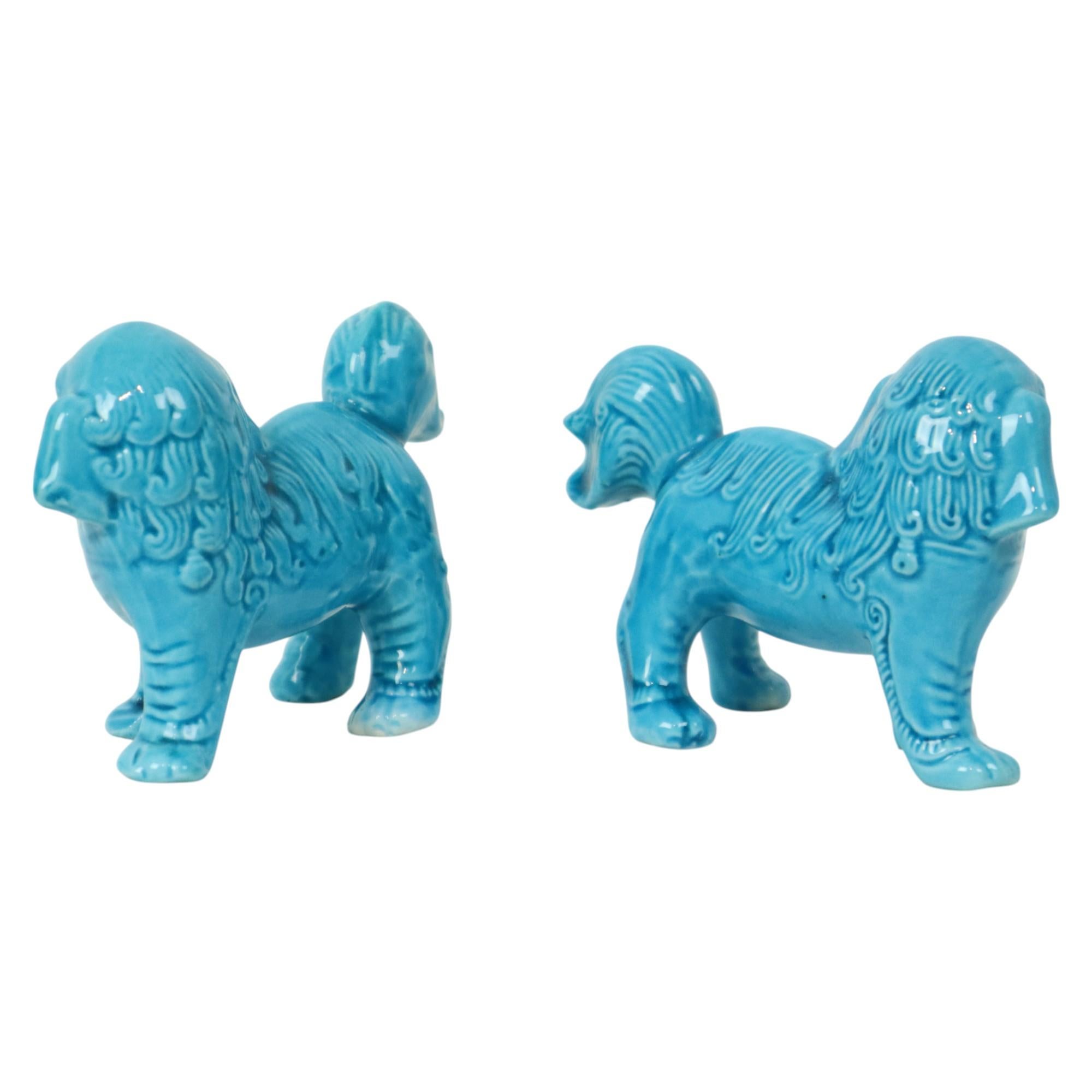 Pair of Blue Foo Dog Statues Temple Lion Chinese Porcelain For Sale 3