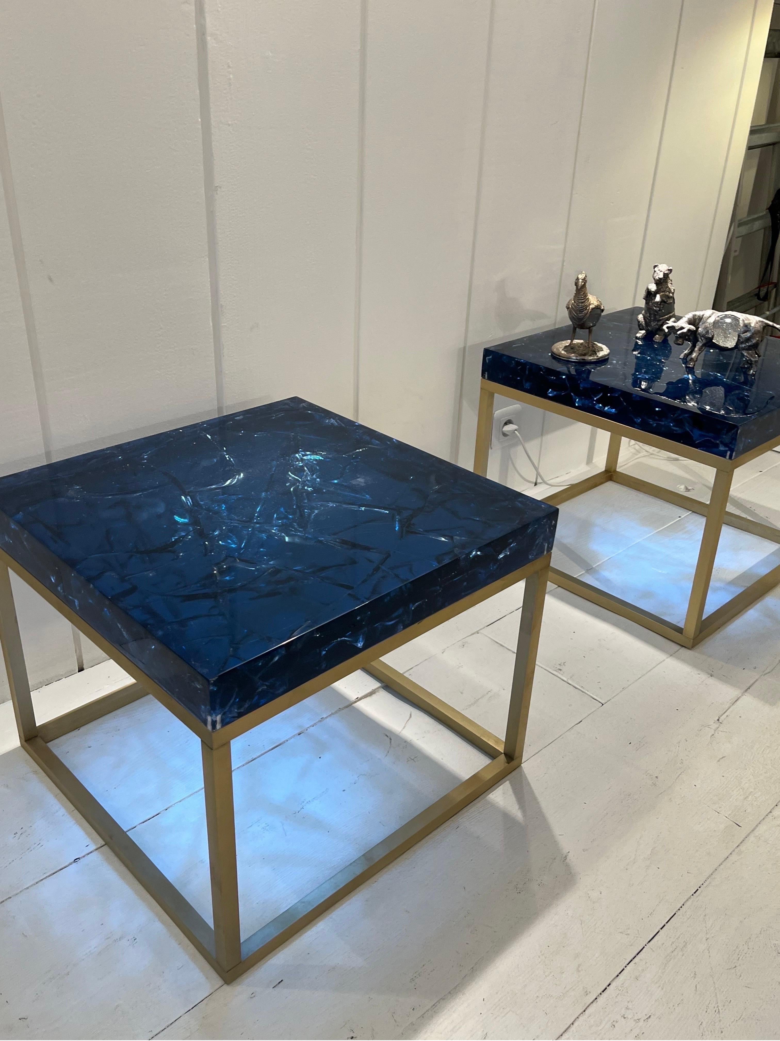 Pair of Blue Fractal Resin Tables by Giraudon  3