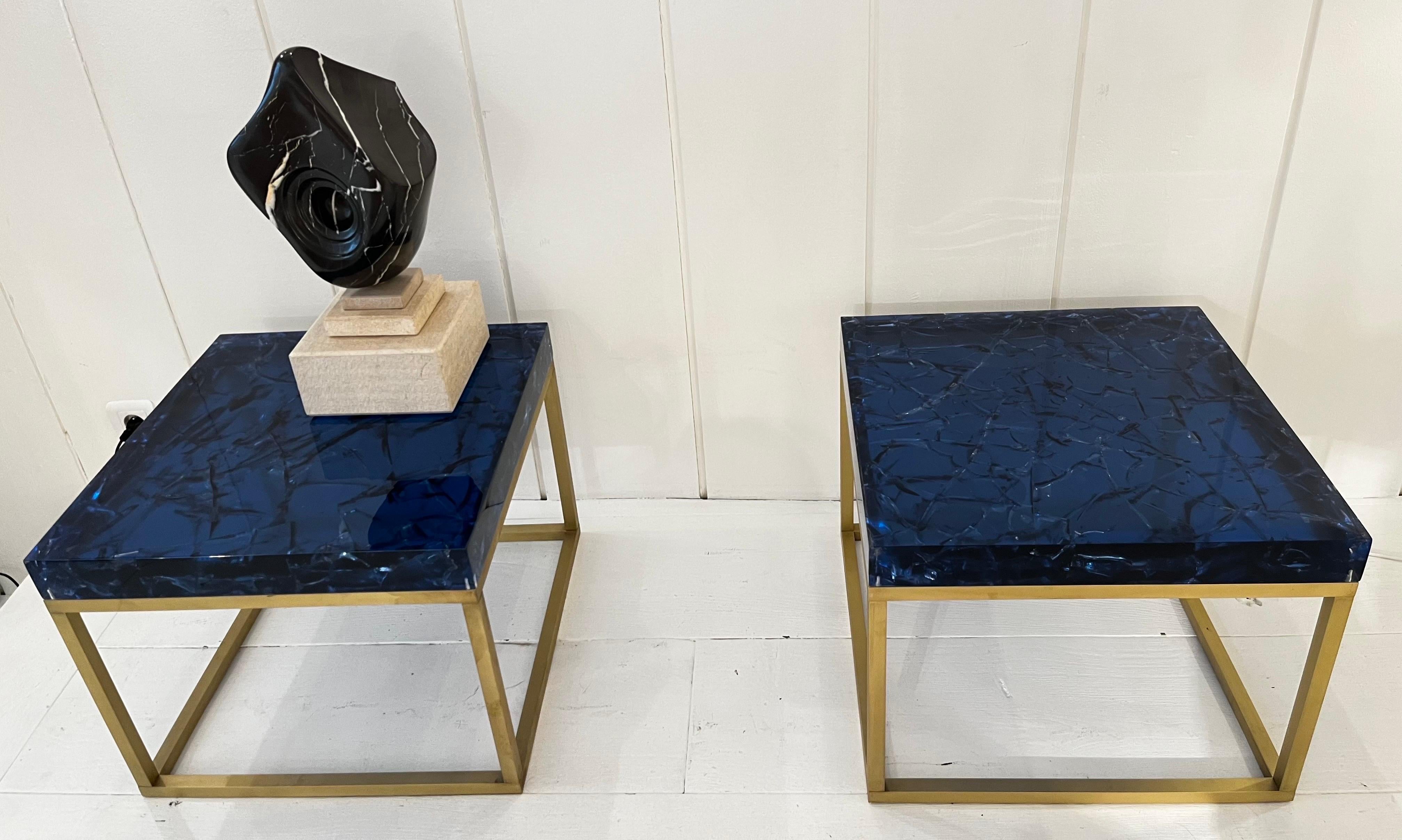 Mid-Century Modern Pair of Blue Fractal Resin Tables by Giraudon 