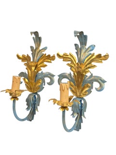 Pair of Blue & Gilt Leafs one Light Sconces Tole Hollywood Regency Vintage Italy
