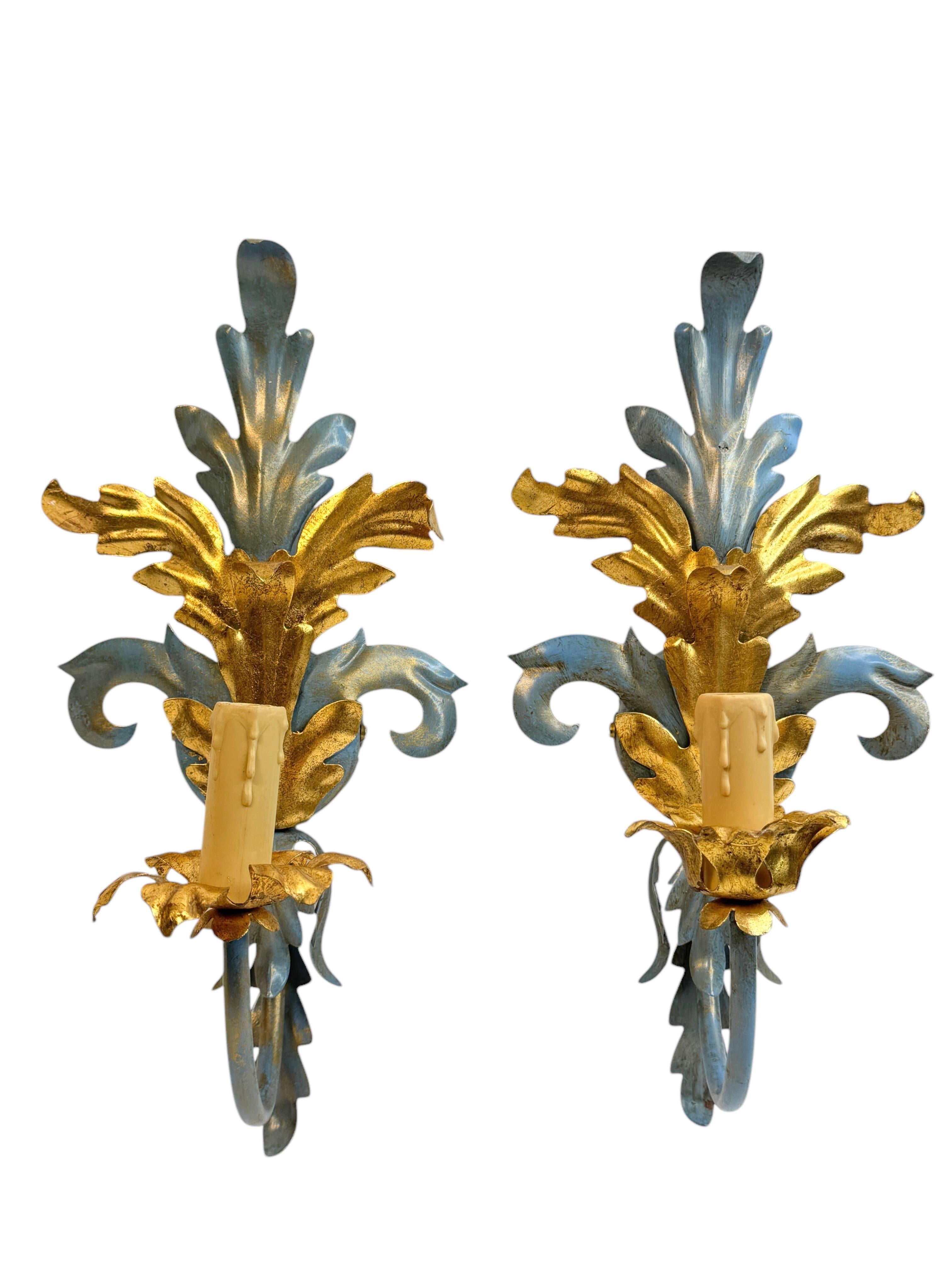 Pair of Blue & Gilt Leafs one Light Sconces Tole Hollywood Regency Vintage Italy