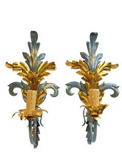Pair of Blue & Gilt Leafs one Light Sconces Tole Hollywood Regency Vintage Italy