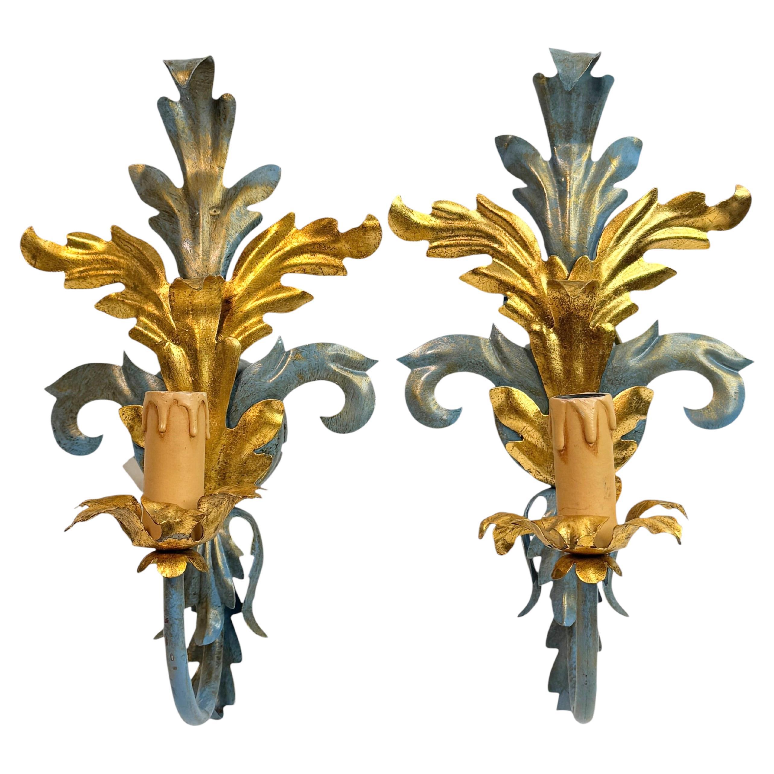 Paire d'appliques une lumière Tole Hollywood Regency Vintage Italie