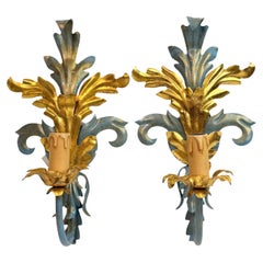 Pair of Blue & Gilt Leafs one Light Sconces Tole Hollywood Regency Vintage Italy