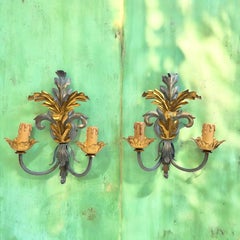 Pair of Blue & Gilt Leafs Two Light Sconces Tole Hollywood Regency Vintage Italy