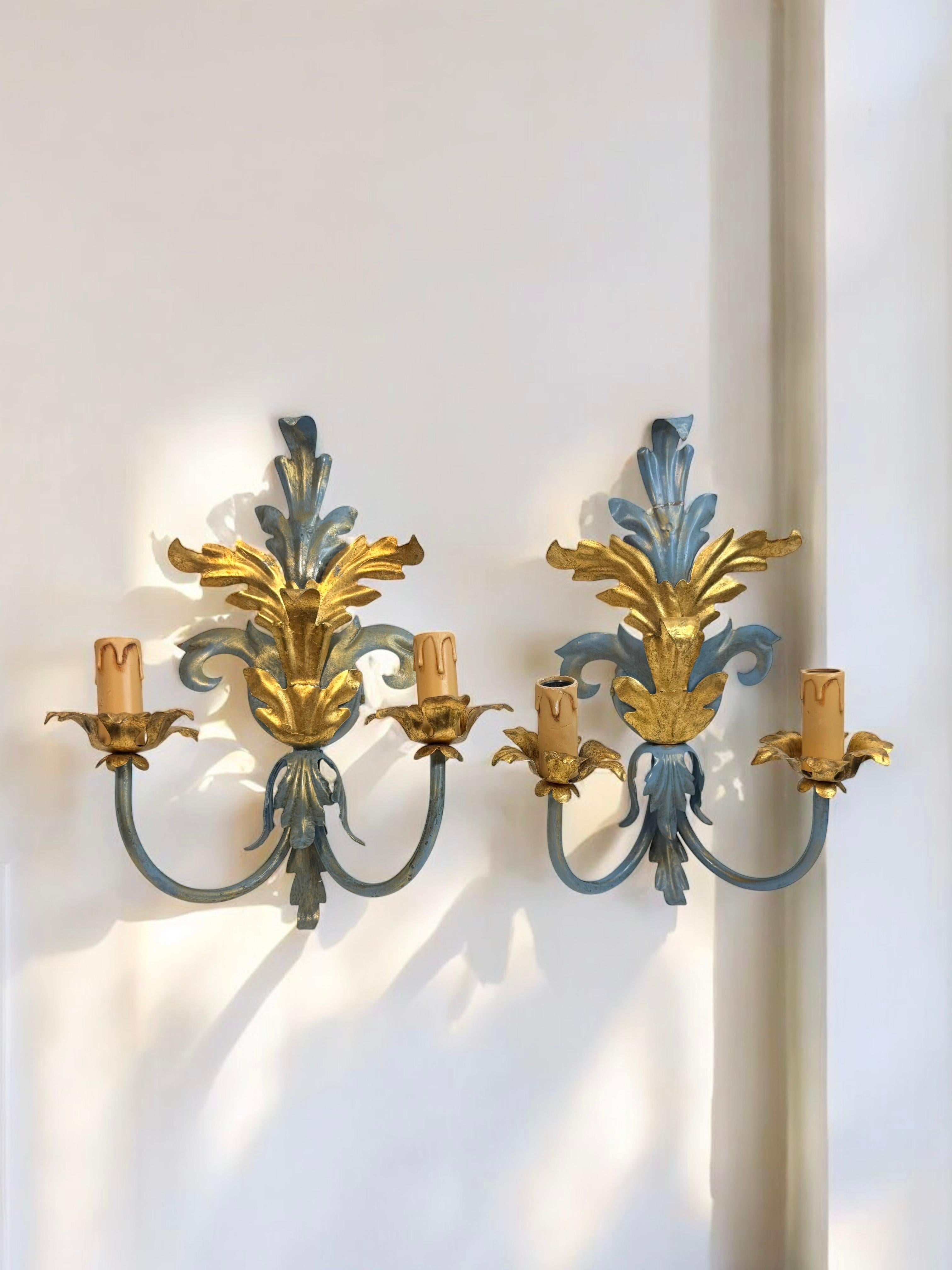 Pareja De Lámparas De Dos Luces Tole Hollywood Regency Vintage Italia en venta 1