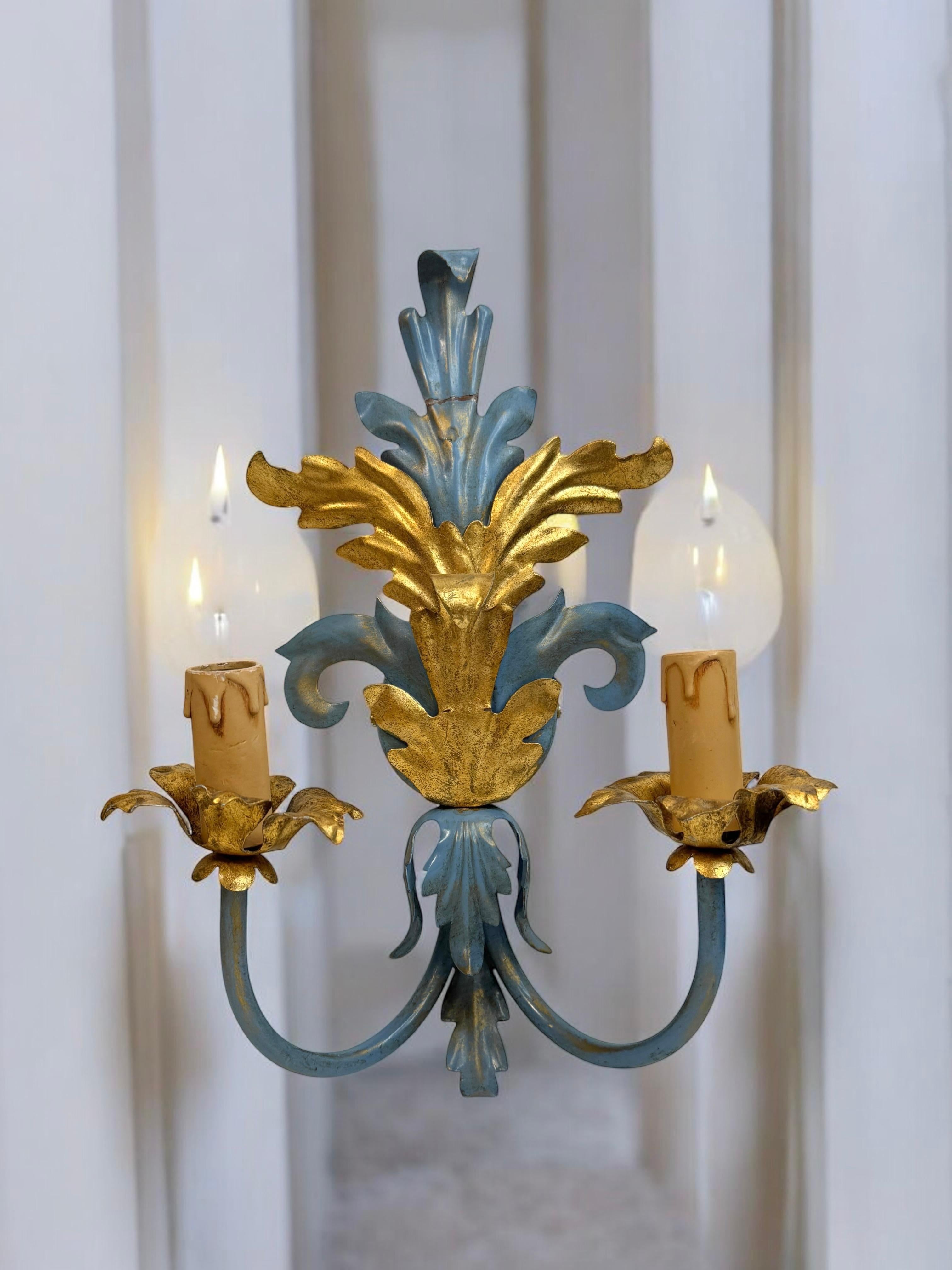 Pareja De Lámparas De Dos Luces Tole Hollywood Regency Vintage Italia en venta 2