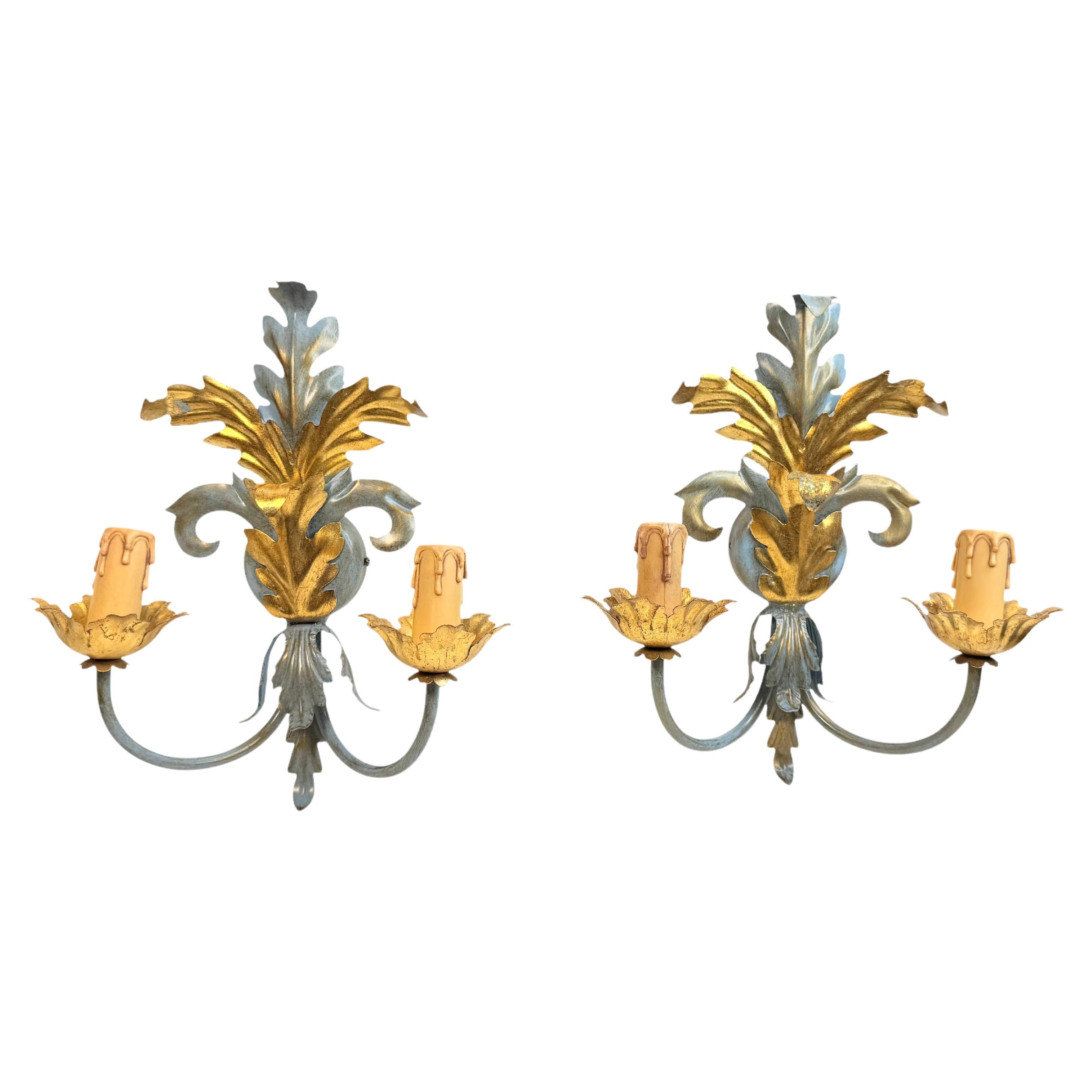 Pair of Blue & Gilt Leafs Two Light Sconces Tole Hollywood Regency Vintage Italy