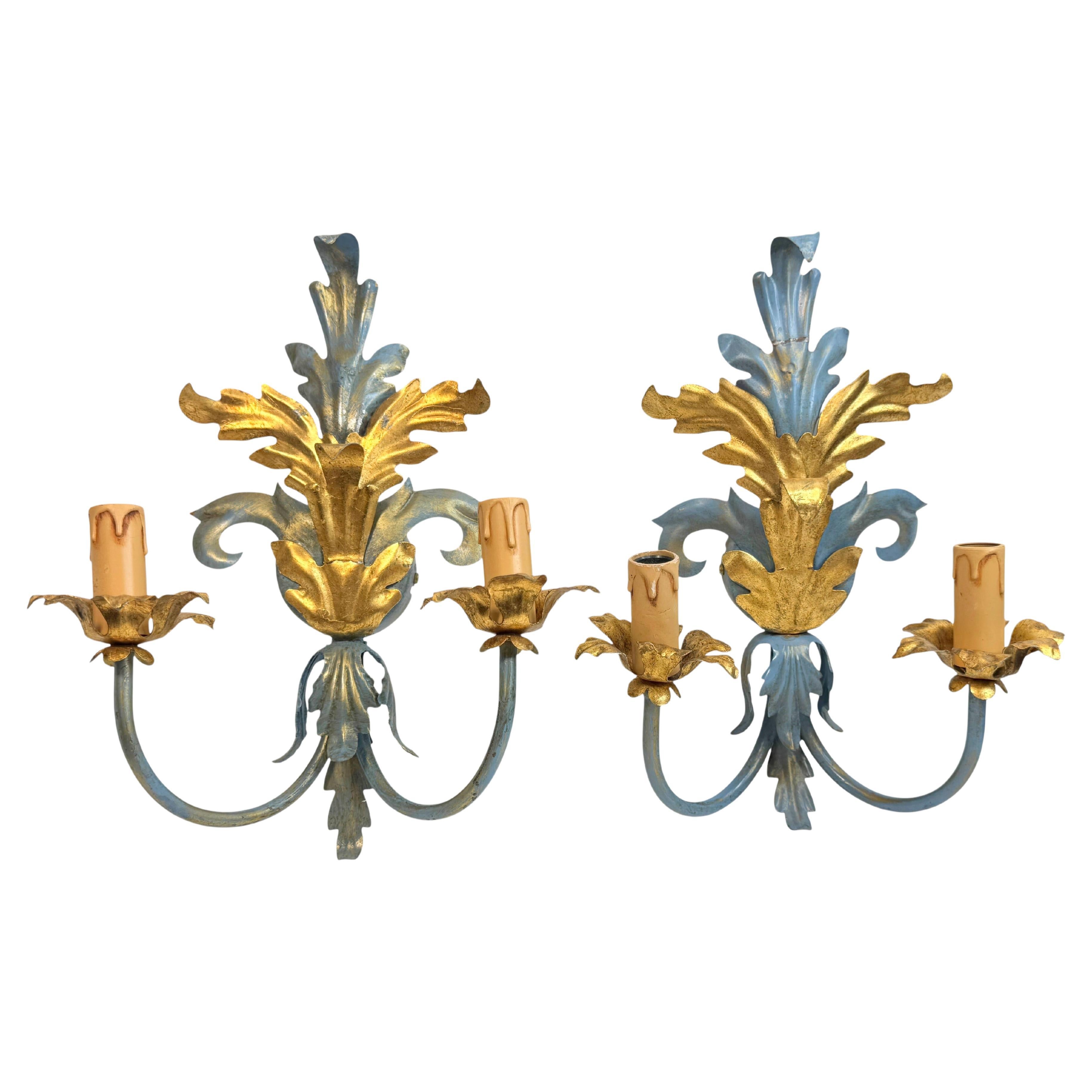 Pareja De Lámparas De Dos Luces Tole Hollywood Regency Vintage Italia