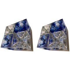 Pair of Blue Glass Cube Sconces by Poliarte, Italy, 1970s