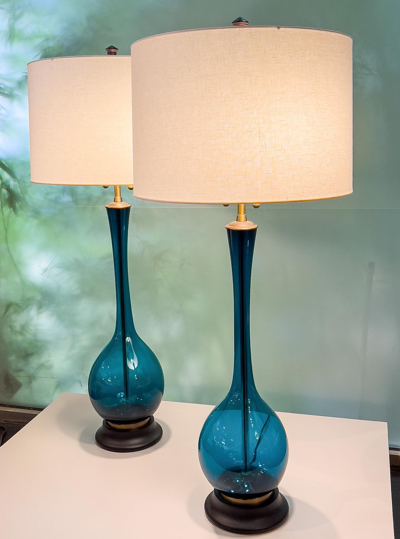 Pair of Blue Glass Lamps by Marbro In Good Condition For Sale In Dallas, TX