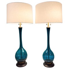 Pair of Blue Glass Lamps by Marbro