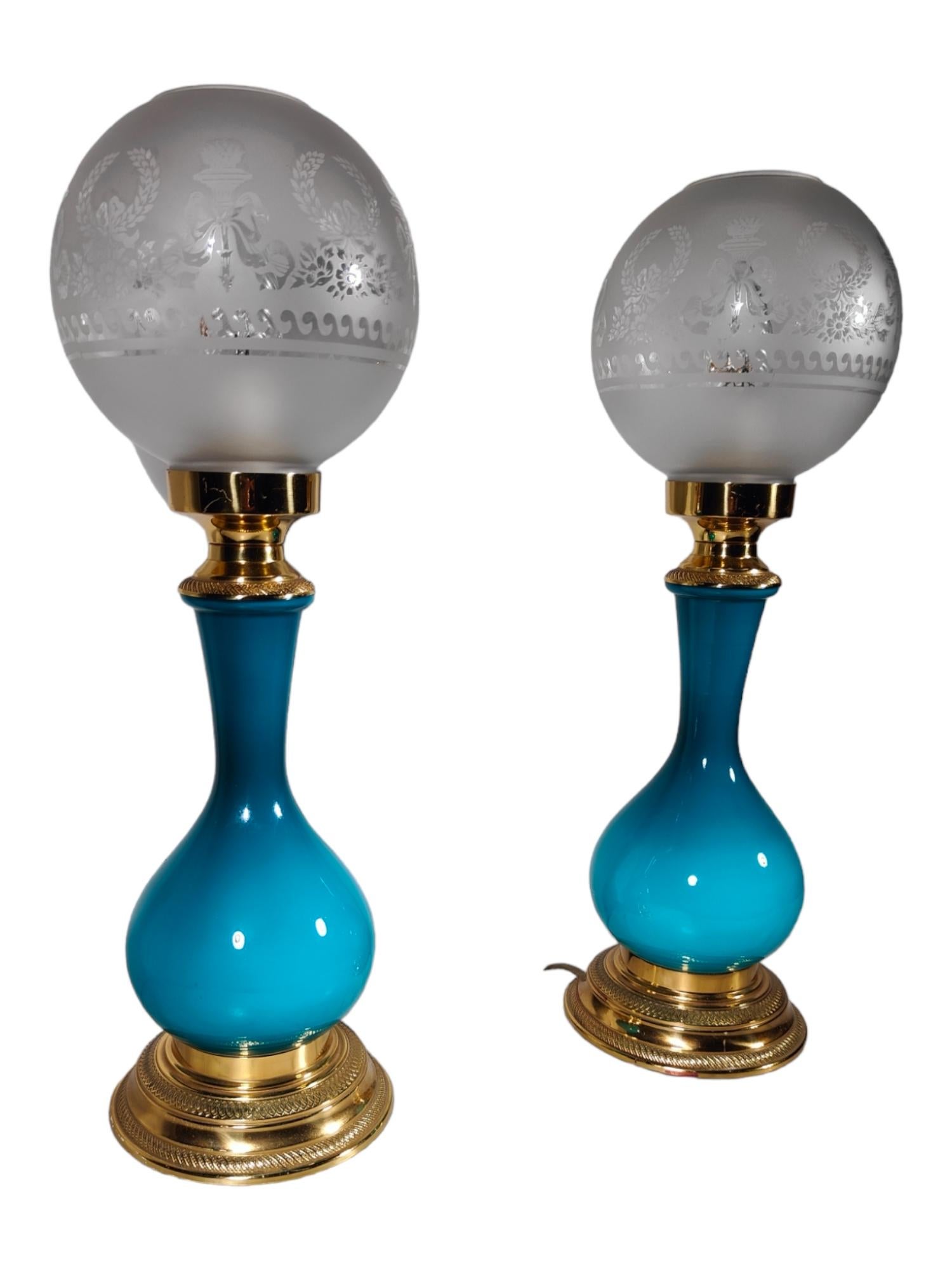 Pair of Blue Glass Lamps For Sale 5