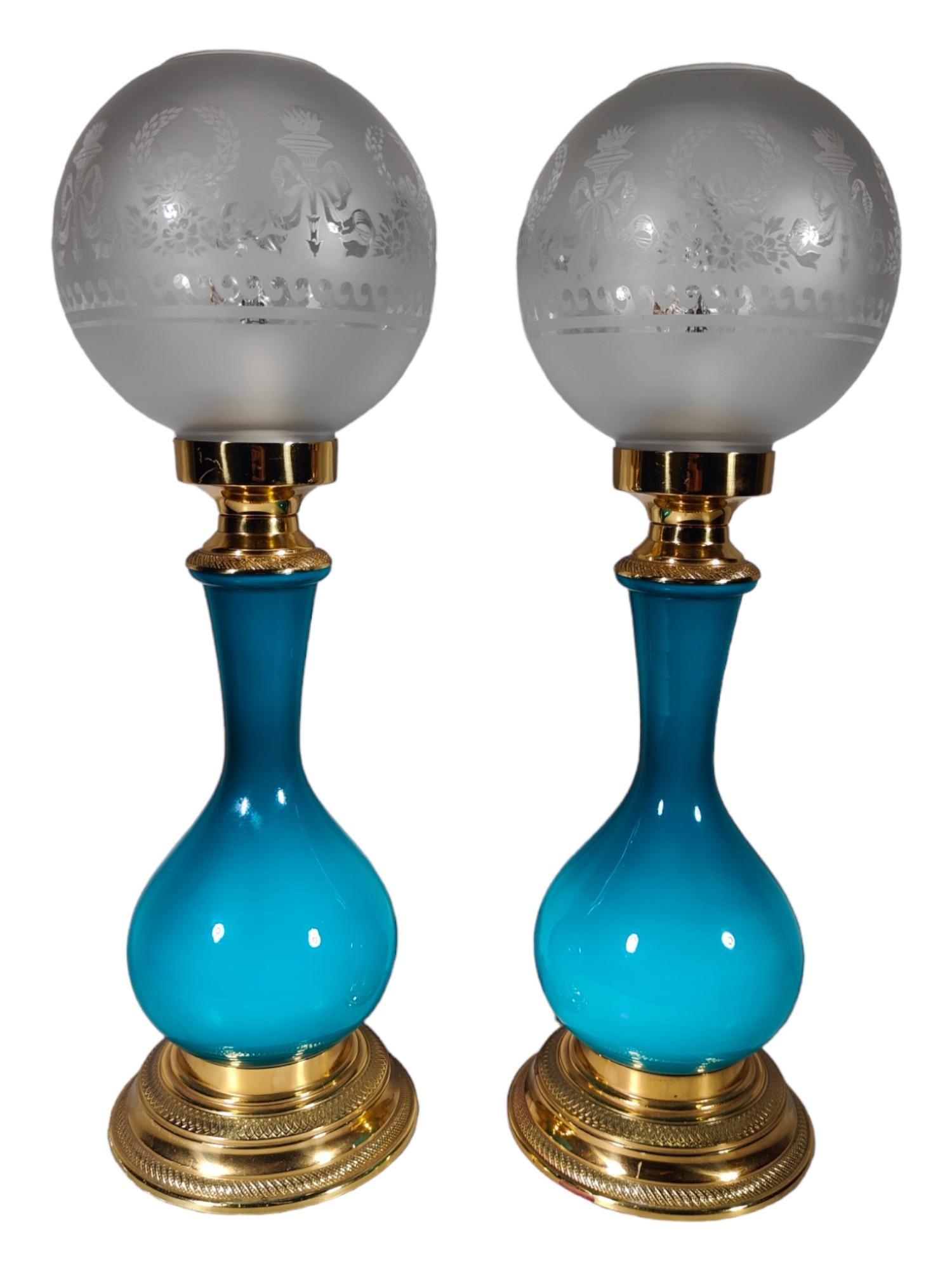 Decorative lamps from the early 1900 in blue glass and golden bronze measurements: 50 cm heigh.