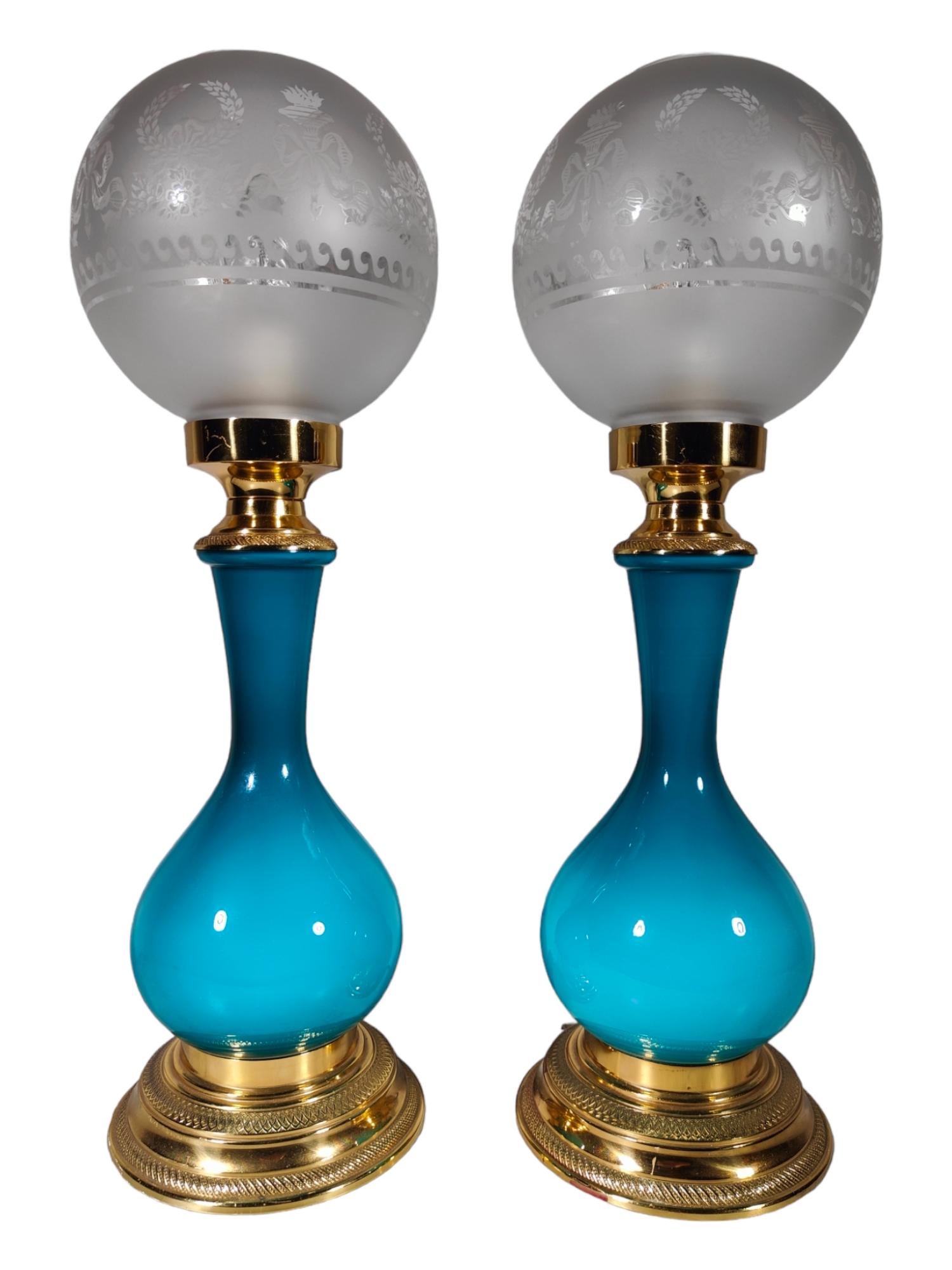 Early 20th Century Pair of Blue Glass Lamps For Sale