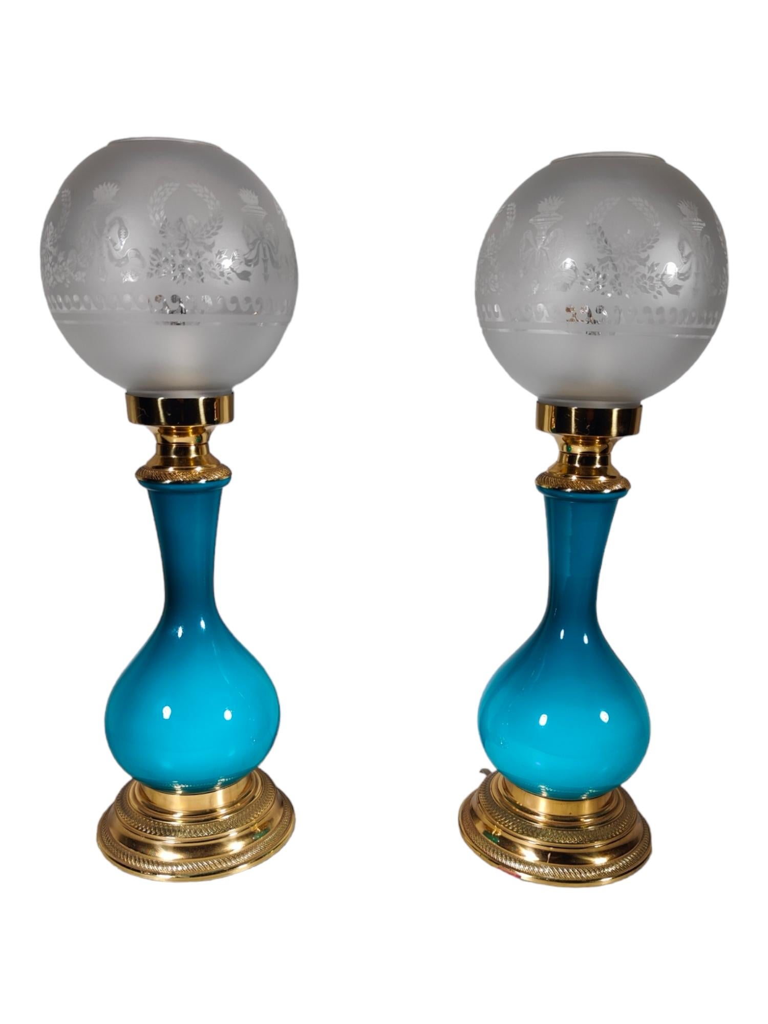 Pair of Blue Glass Lamps For Sale 4
