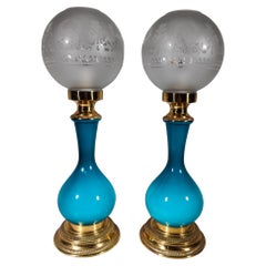 Antique Pair of Blue Glass Lamps