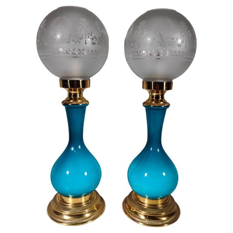 Pair of Blue Glass Lamps For Sale at 1stDibs