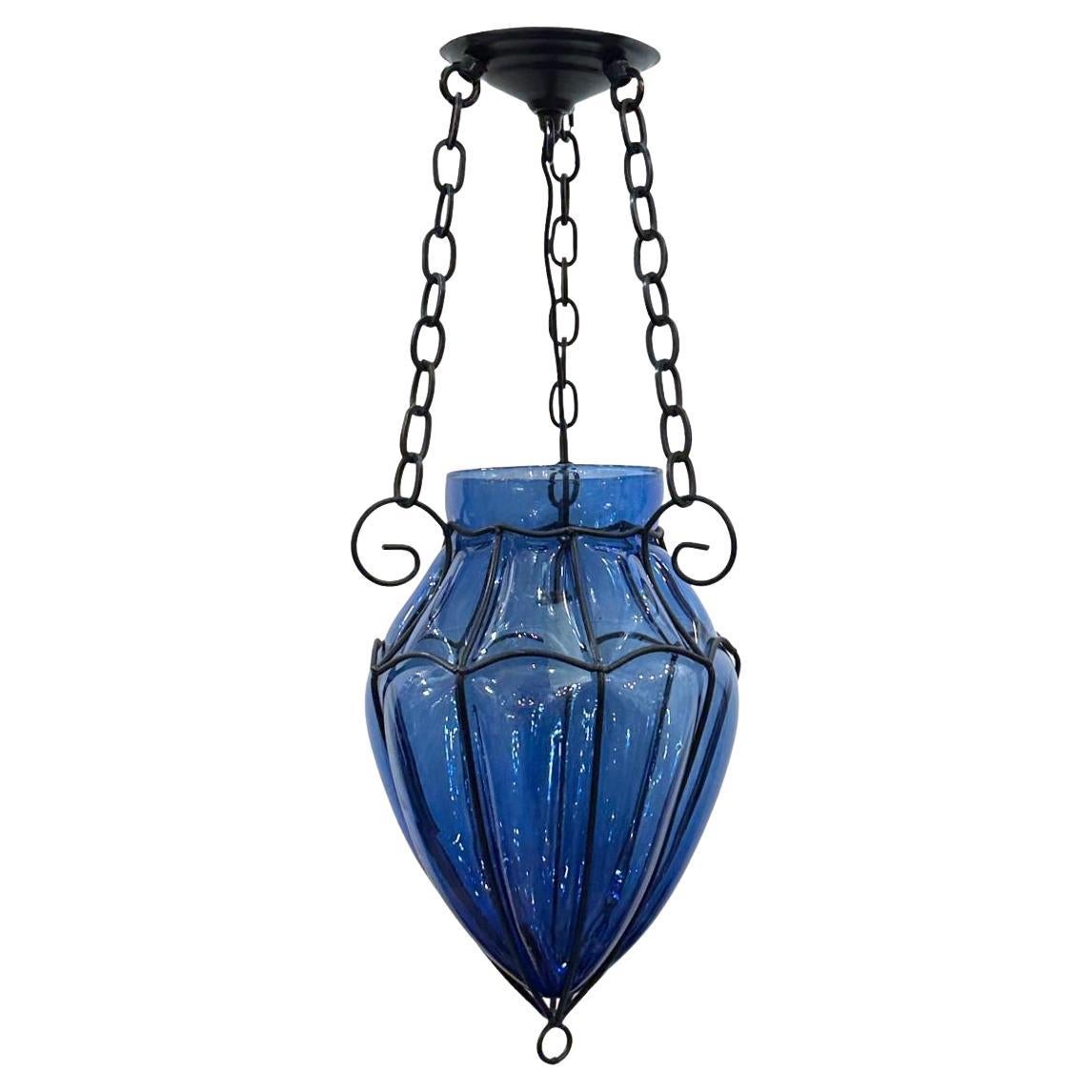 Pair of Blue Glass Lanterns, Sold Individually