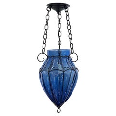 Vintage Pair of Blue Glass Lanterns, Sold Individually