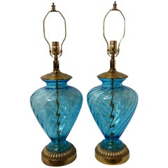 Vintage Pair of Blue Glass Table Lamps