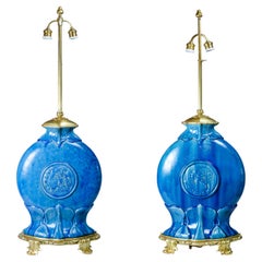 Antique Pair of "Blue Glaze" Lamps Made by Theodore Deck