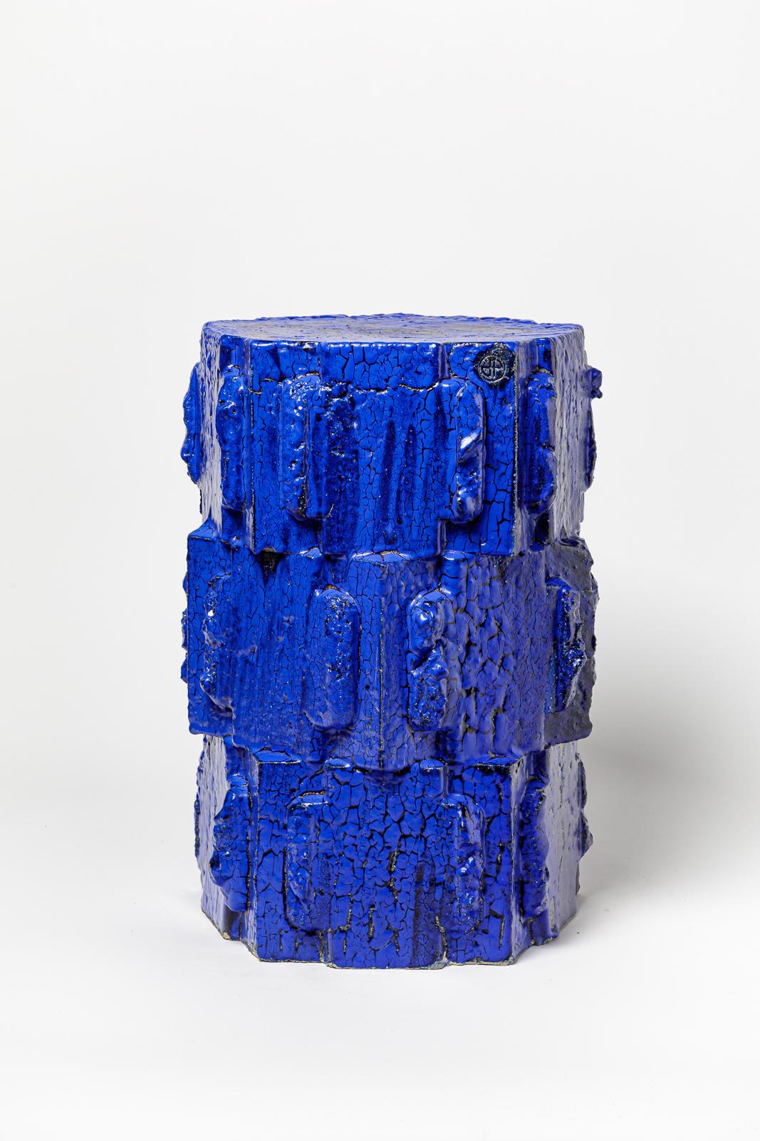 Pair of blue glazed bollène stoneware stool by Jean Ponsart, 2023. For Sale 3