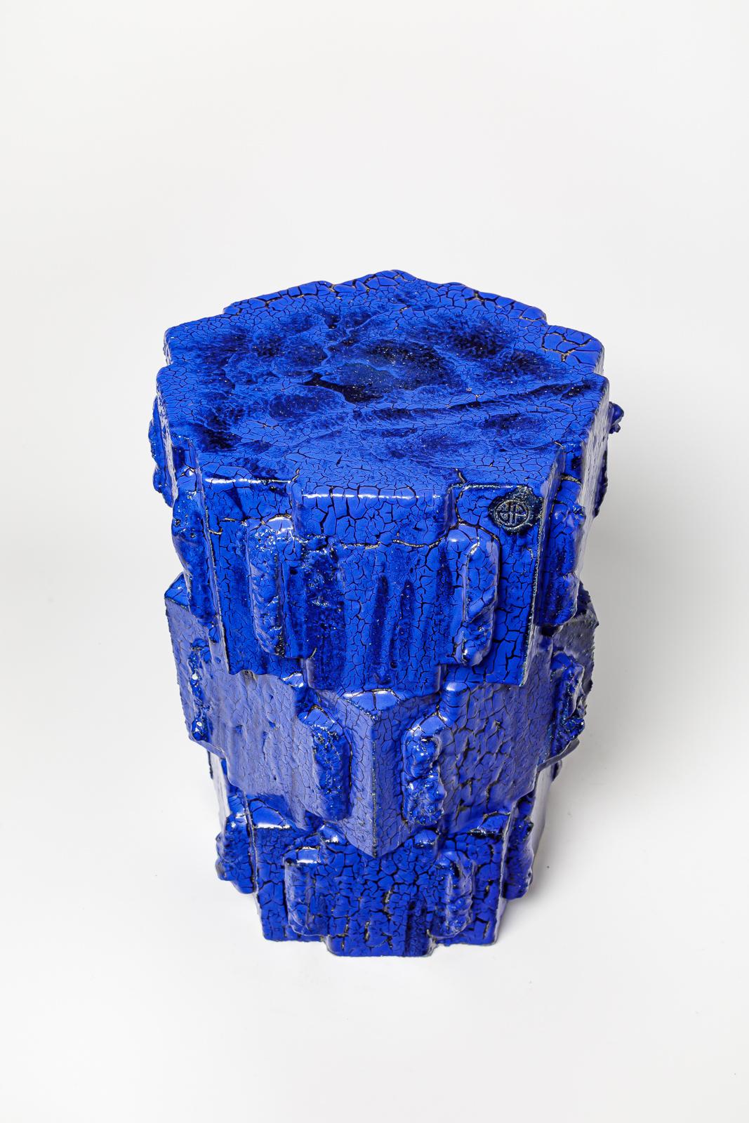Pair of blue glazed bollène stoneware stool by Jean Ponsart, 2023. For Sale 4