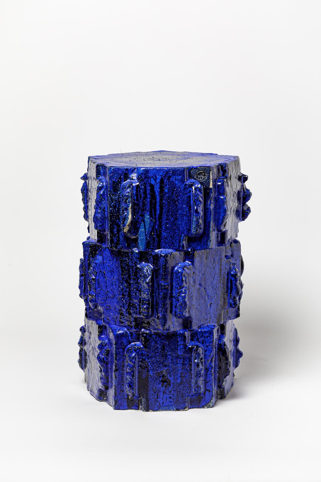 Pair of blue glazed bollène stoneware stool by Jean Ponsart.
Artist monogram at the base. 2023.
H : 20.8’ x 12.6’ x 10.8 inches.