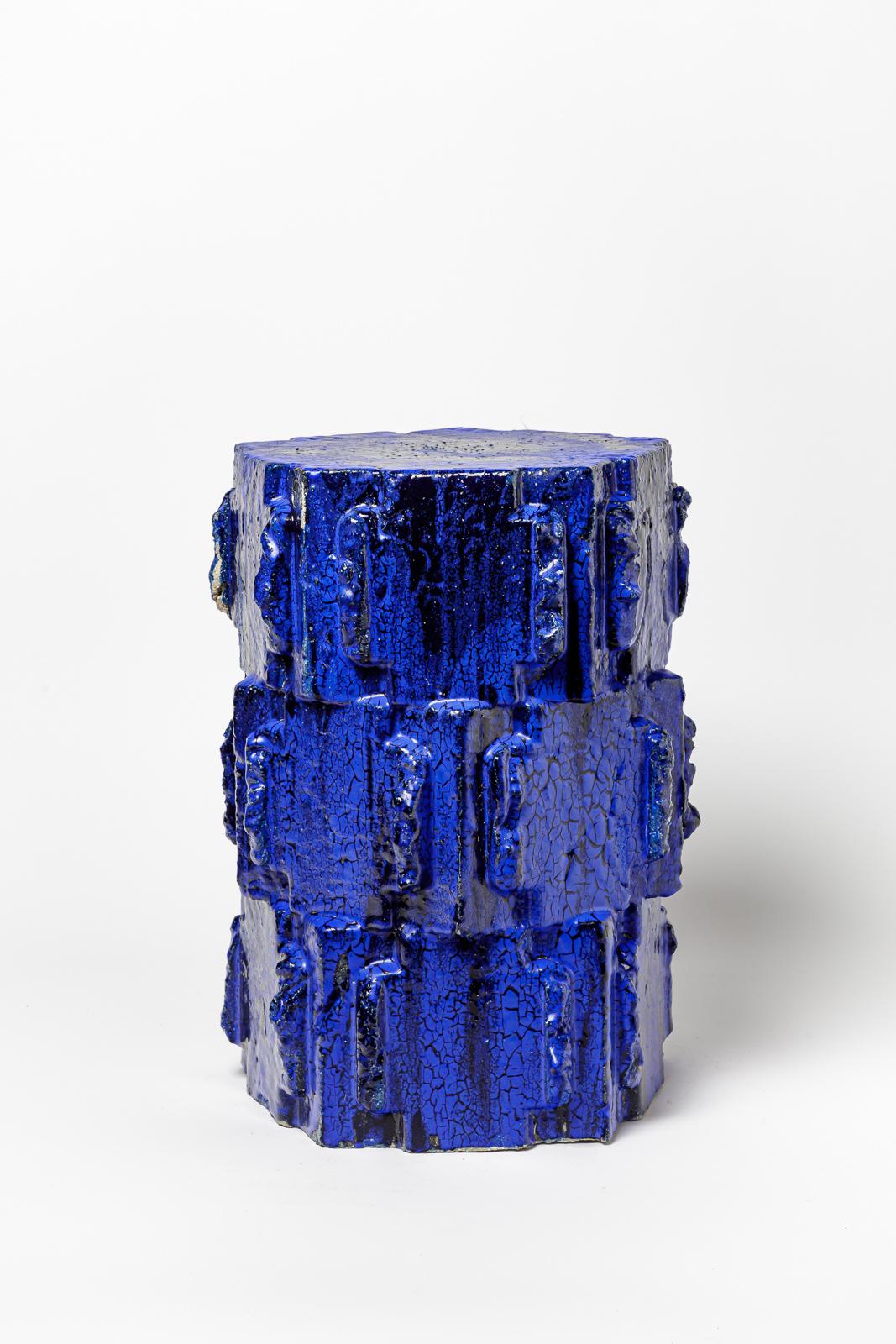 Beaux Arts Pair of blue glazed bollène stoneware stool by Jean Ponsart, 2023. For Sale