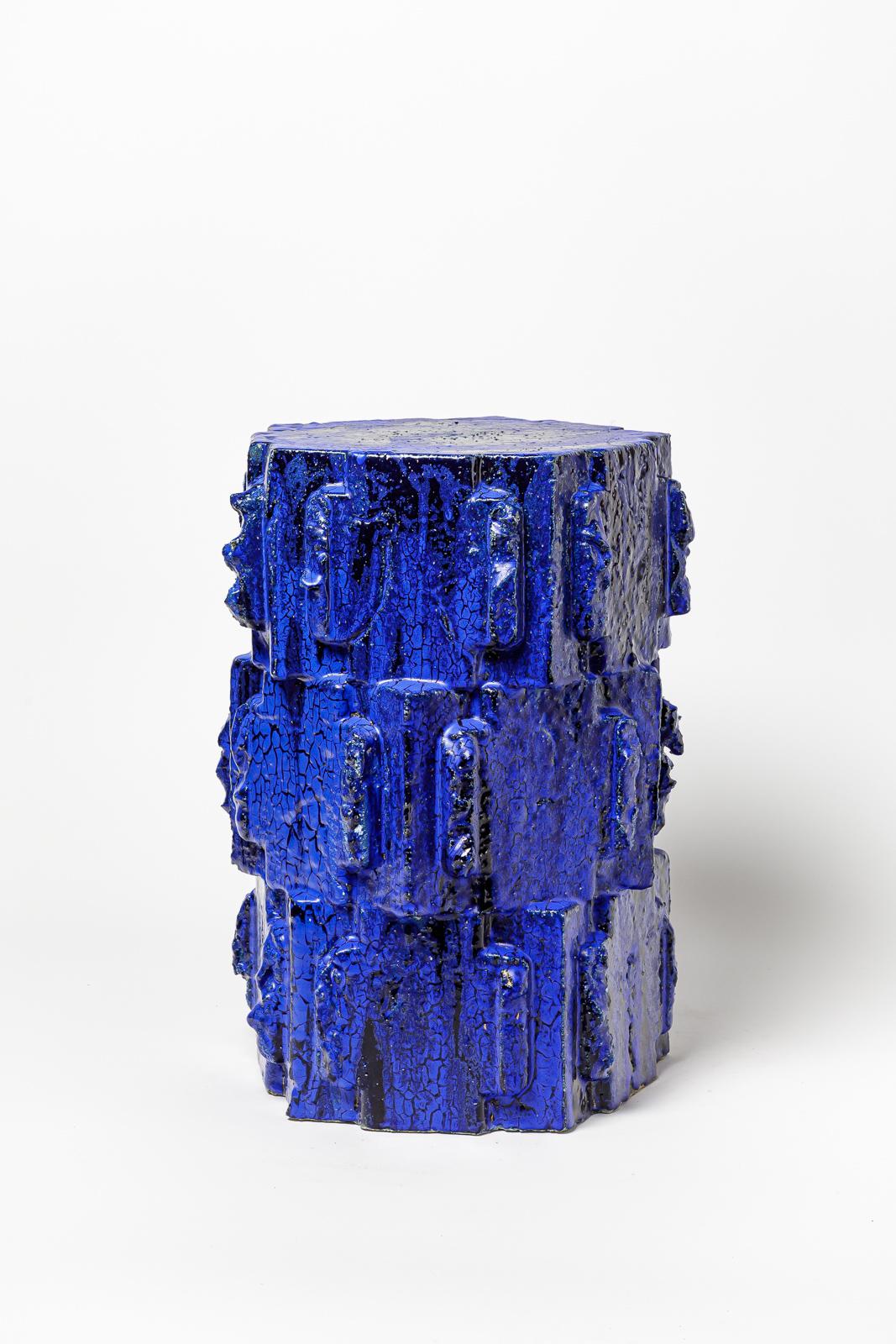 French Pair of blue glazed bollène stoneware stool by Jean Ponsart, 2023. For Sale
