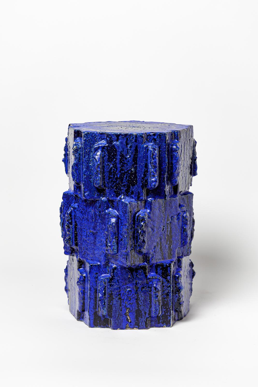 Pair of blue glazed bollène stoneware stool by Jean Ponsart, 2023. In New Condition For Sale In Saint-Ouen, FR