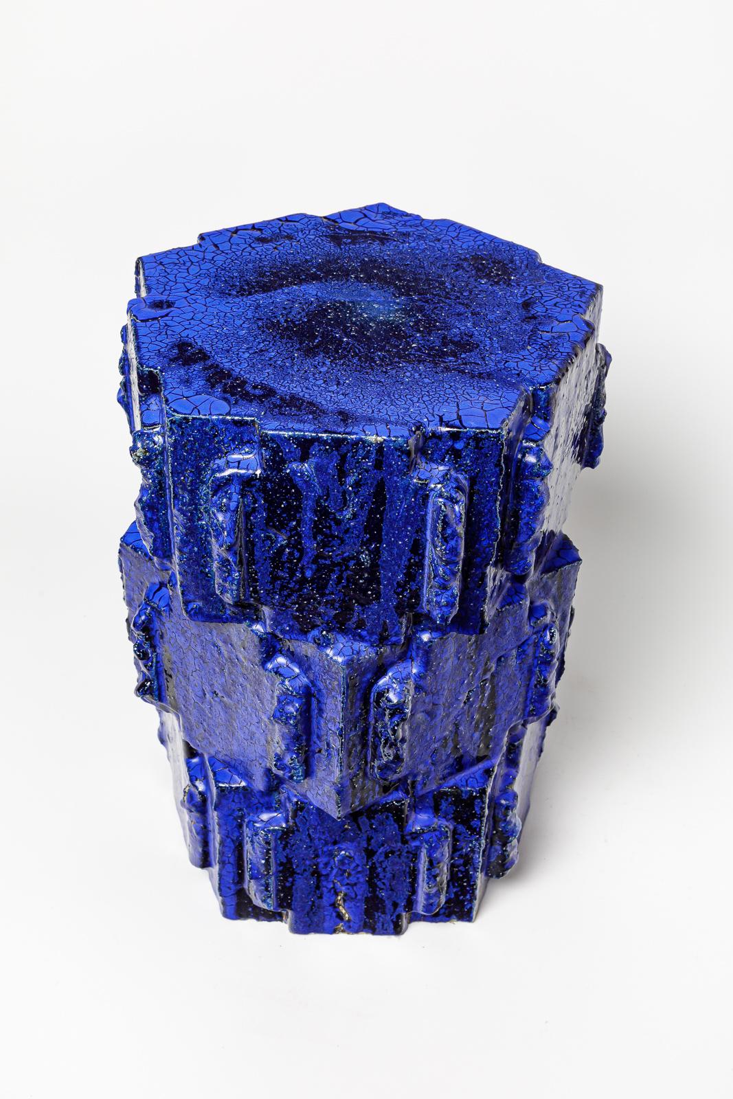 Contemporary Pair of blue glazed bollène stoneware stool by Jean Ponsart, 2023. For Sale