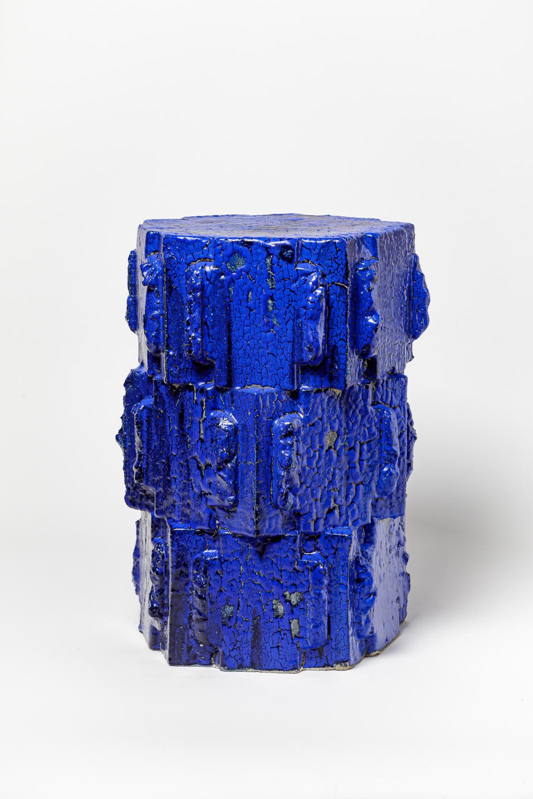 Ceramic Pair of blue glazed bollène stoneware stool by Jean Ponsart, 2023. For Sale