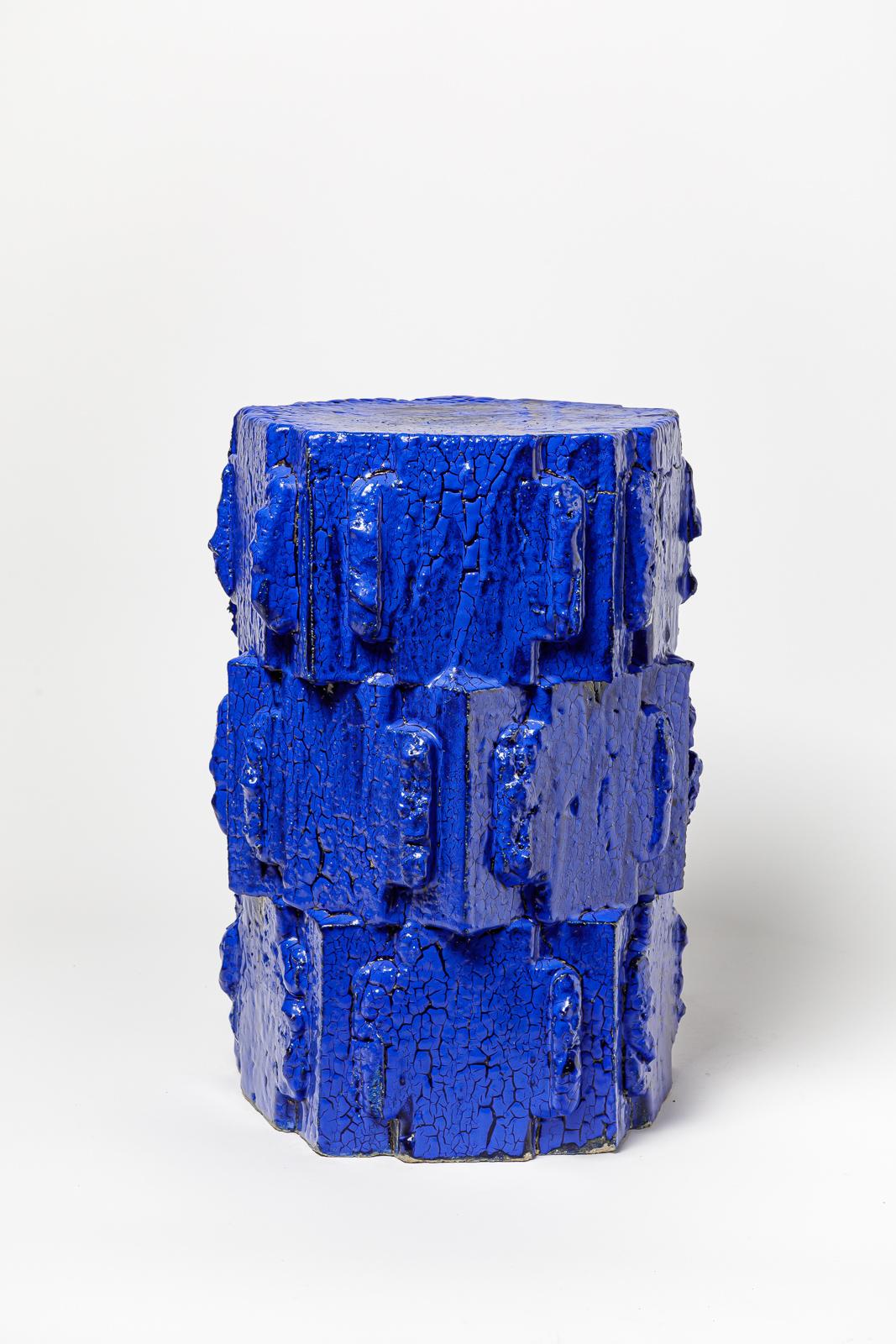 Paar Hocker aus blau glasiertem Steingut von Jean Ponsart, 2023. im Angebot 2