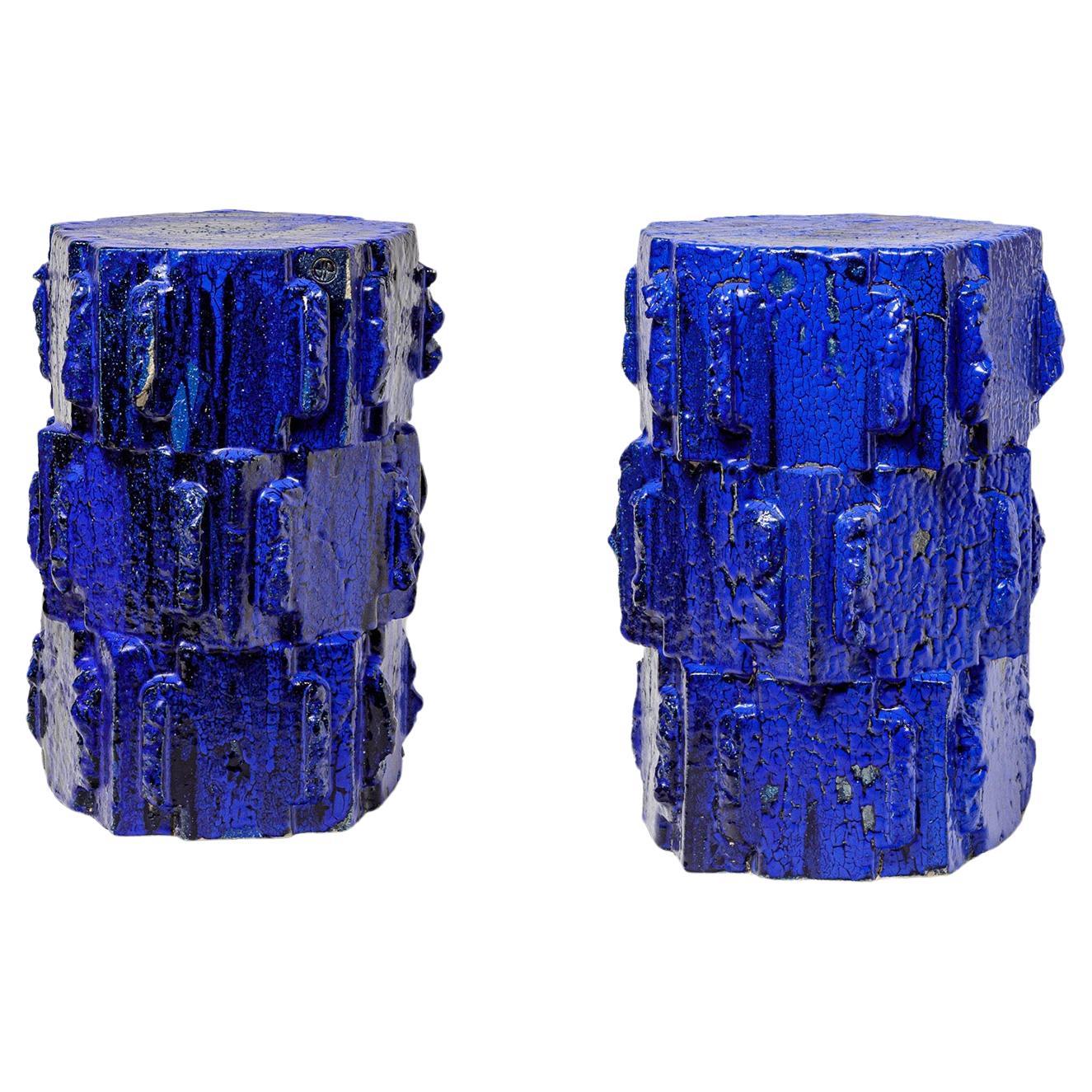 Paar Hocker aus blau glasiertem Steingut von Jean Ponsart, 2023. im Angebot