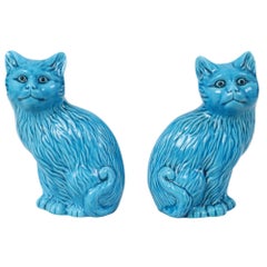 Pair of Blue Glazed Cats Statues Chinese Ceramics