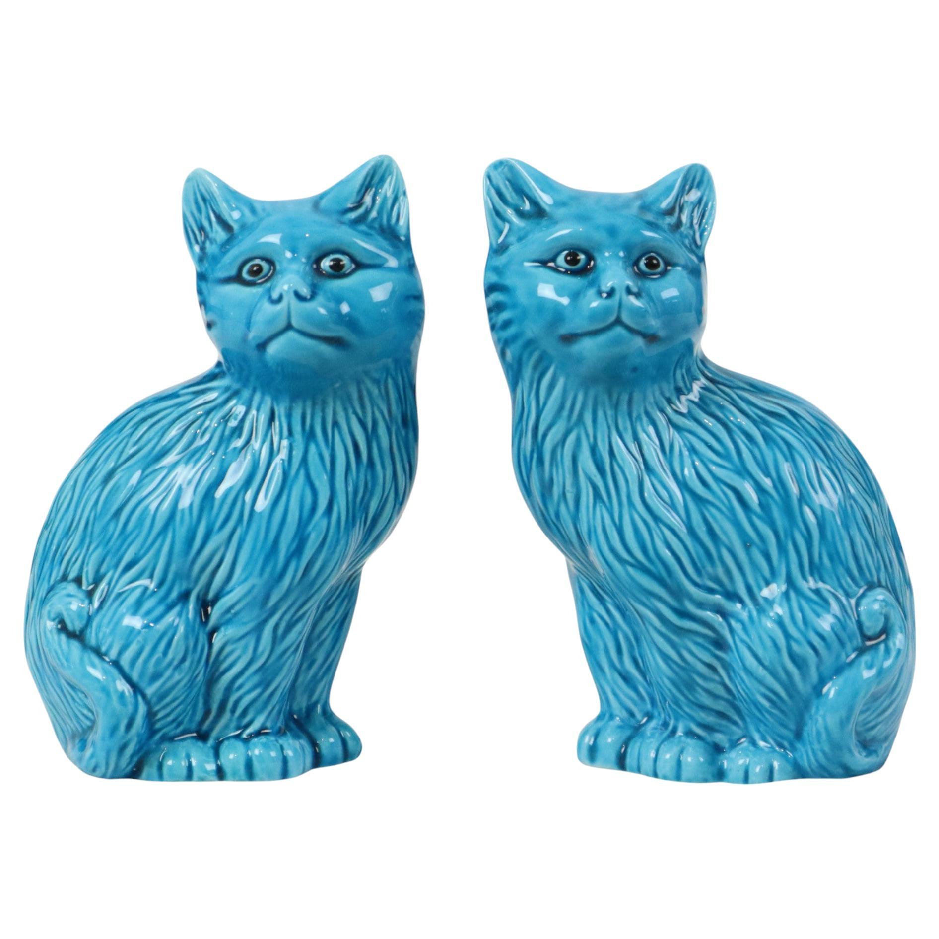 Pair of Blue Glazed Cats Statues Chinese Ceramics For Sale
