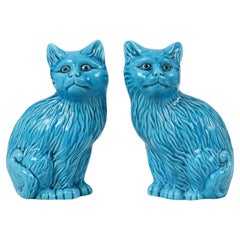 Pair of Blue Glazed Cats Statues Chinese Ceramics