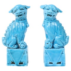 Vintage Pair of Blue Glazed Foo Dog Temple Lion Figurines 16cm