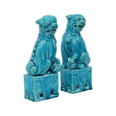 Pair of Blue Glazed Foo Dog Temple Lion Figurines 18cm