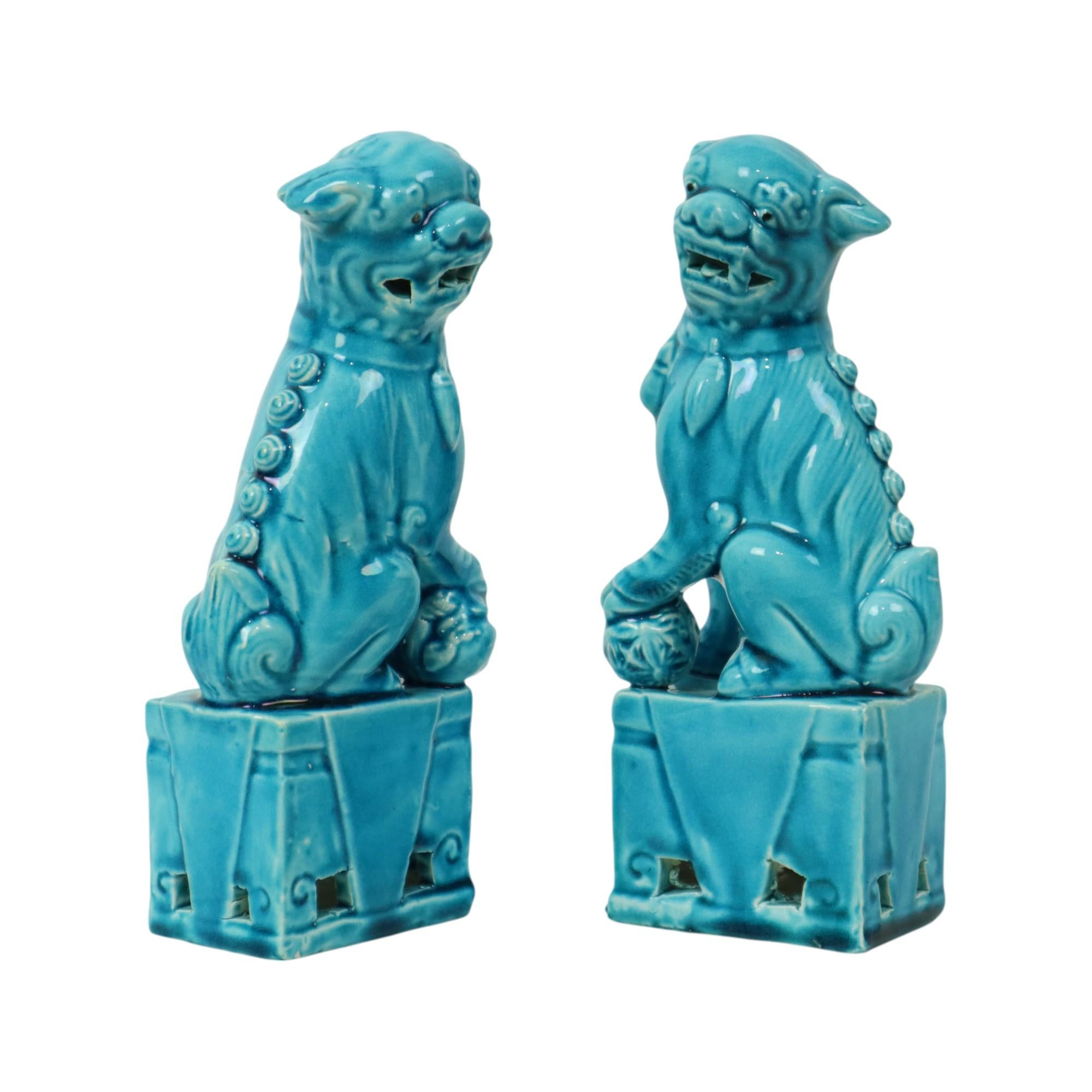 Pareja de Figuritas de León del Templo del Perro Foo esmaltadas en azul 18cm Chino en venta