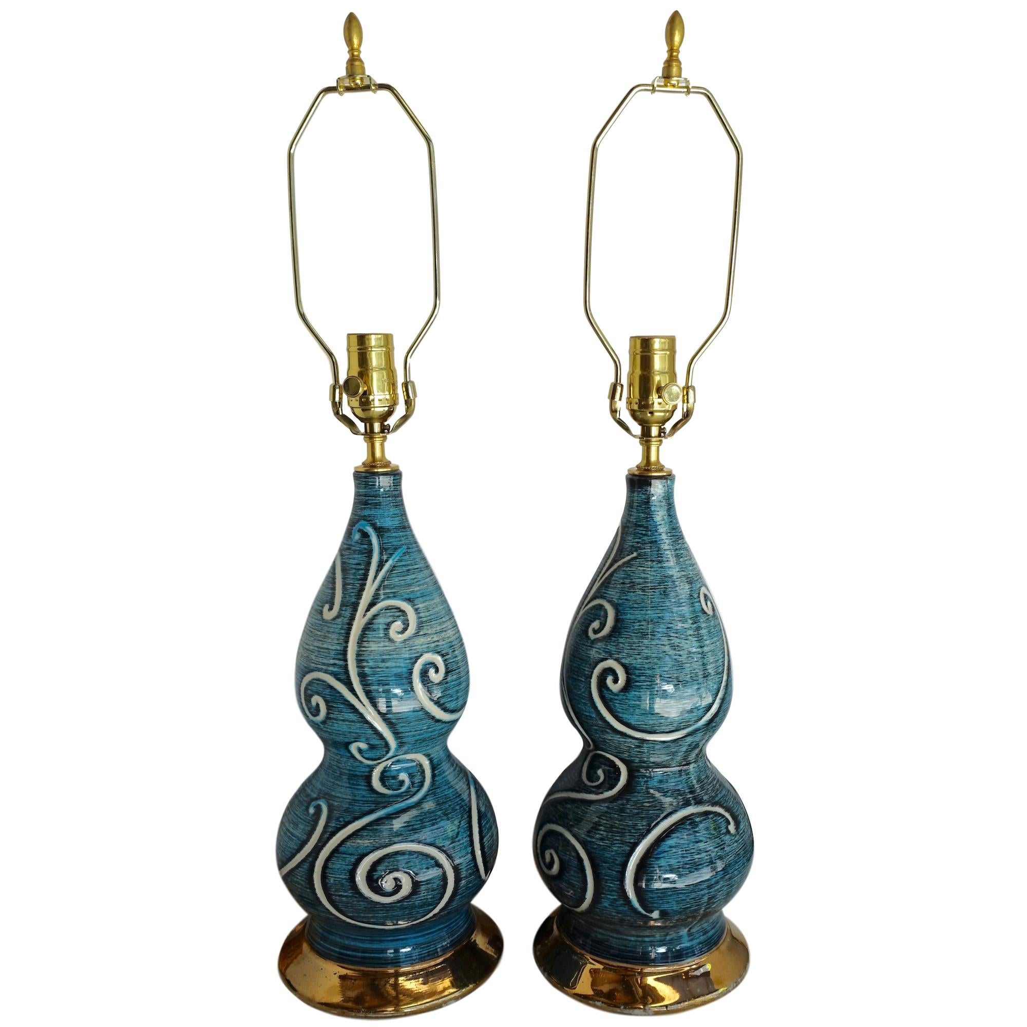 Mid-20th Century Pair of Blue-Glazed French Porcelain Lamps For Sale