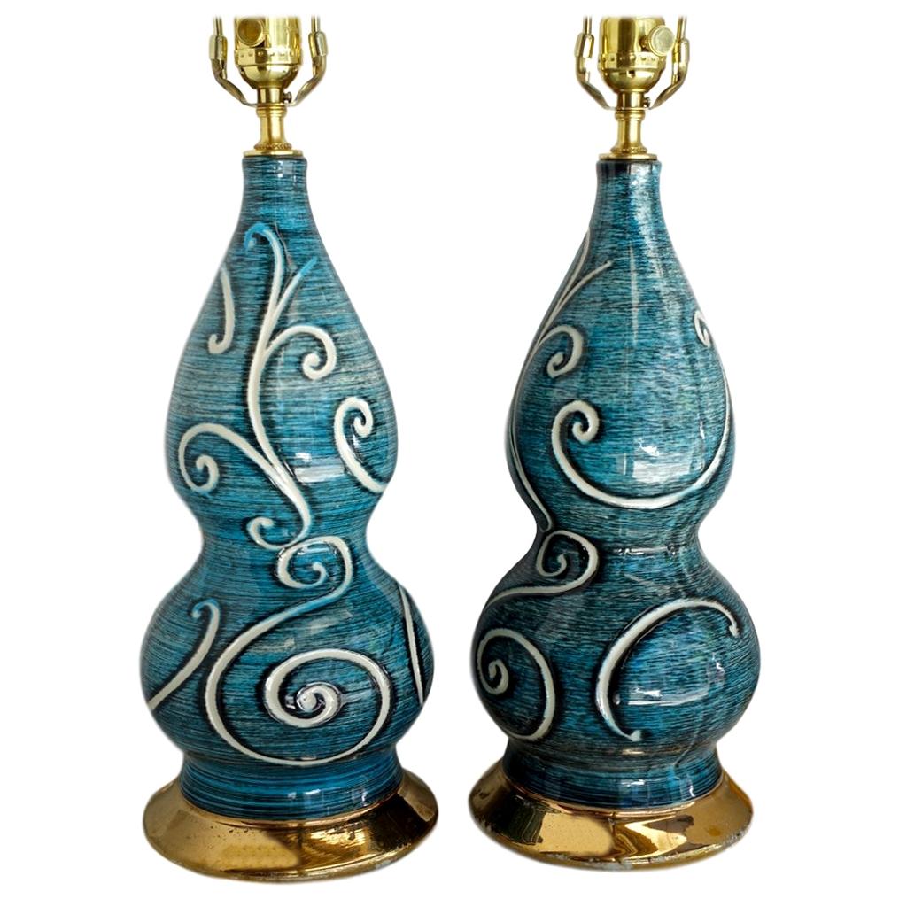 Pair of Blue-Glazed French Porcelain Lamps For Sale