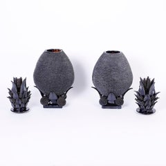 Pair of Blue Glazed Pottery or Terracotta Lidded Pineapple Urns