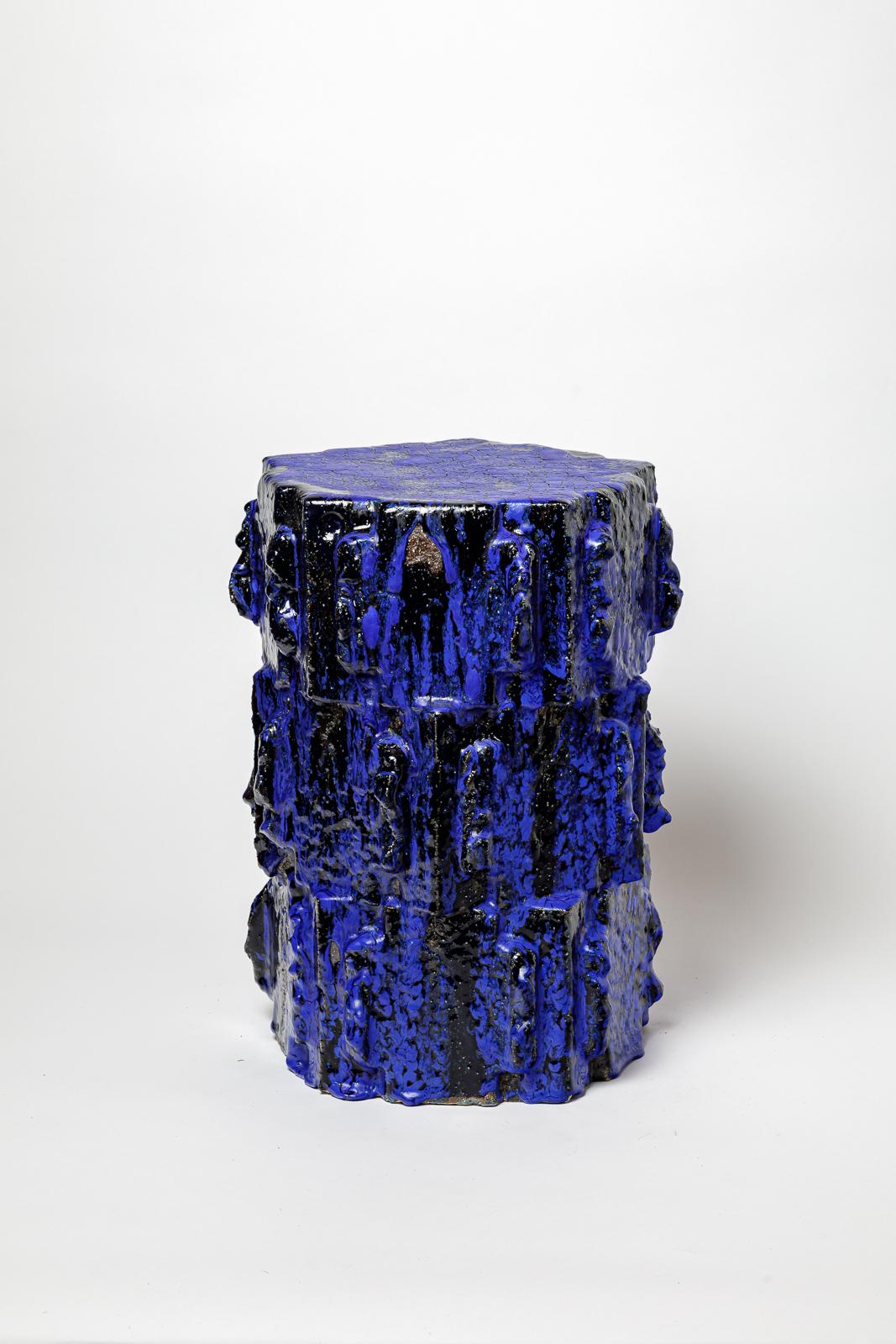 Pair of blue glazed stoneware tables or stools by Jean Ponsart, 2025. For Sale 3