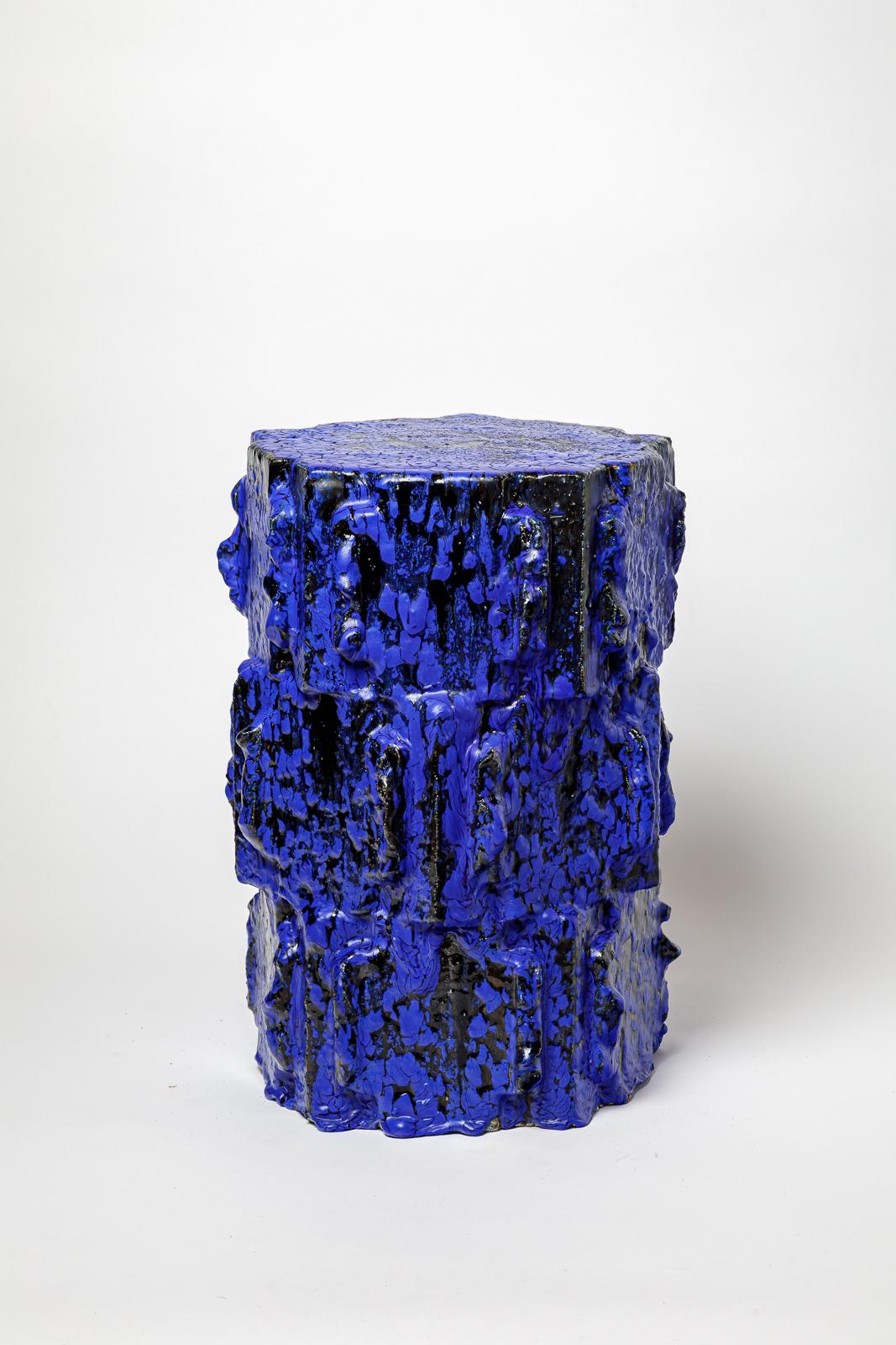 Pair of blue glazed stoneware stools or tables  by Jean Ponsart.
Artist monogram at the base. 2025.
Approximatives dimensions : 17.5 x 11.8 x 11.8 inches.

