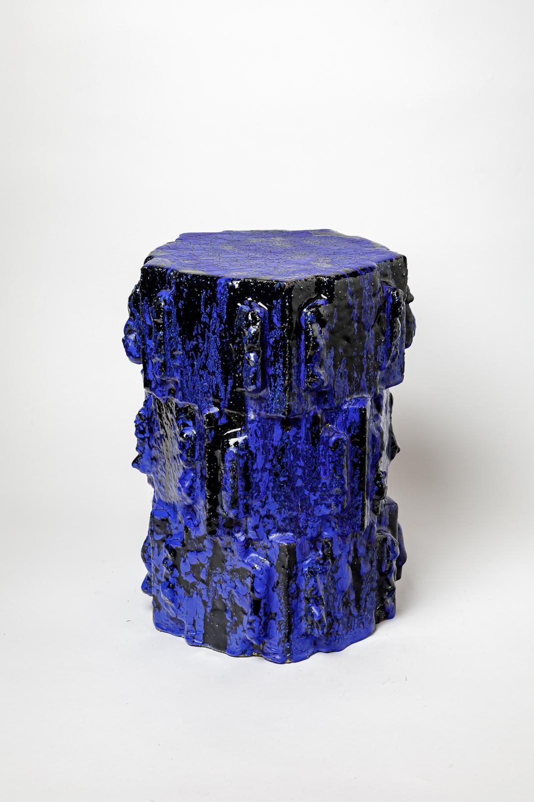 Ceramic Pair of blue glazed stoneware tables or stools by Jean Ponsart, 2025. For Sale