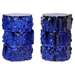 Pair of blue glazed stoneware tables or stools by Jean Ponsart, 2025.