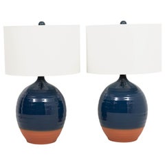 Pair of Blue Glazed Terracotta Lamps